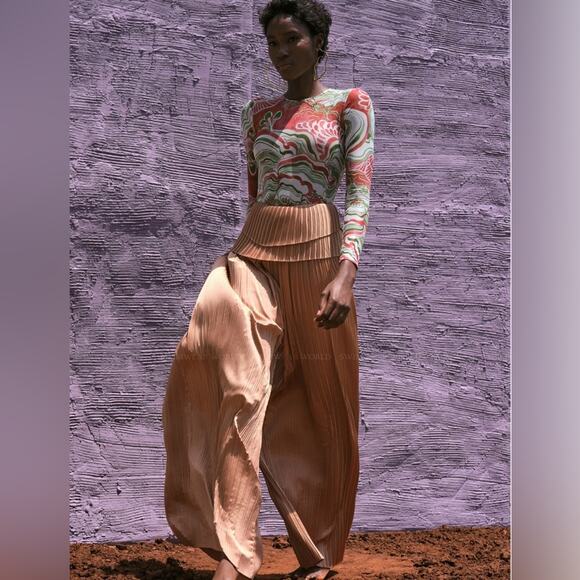 Andrea Iyamah Linea Toffee Pleated Wide-Leg Pants Peplum Waist - Picture 1 of 13